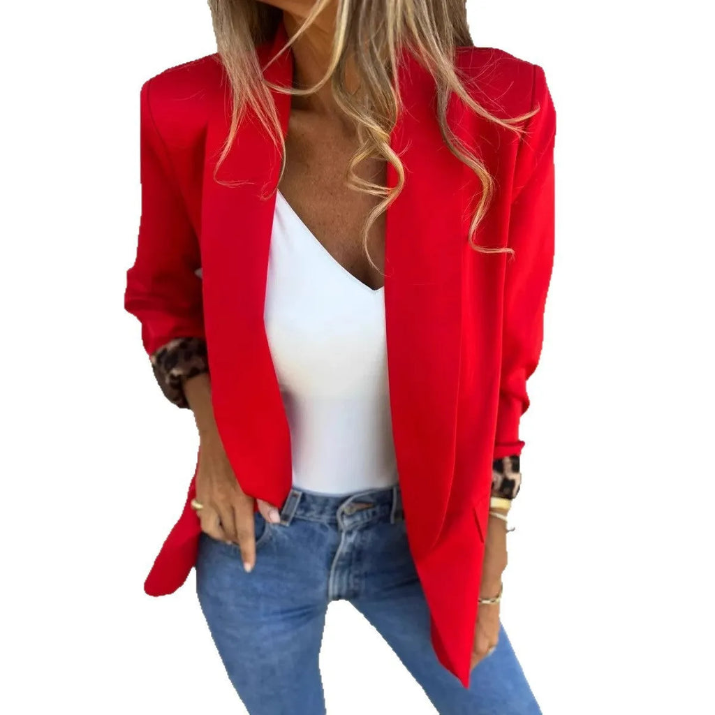 Women's black and red cheetah print slim fit blazer jacket with animal pattern design