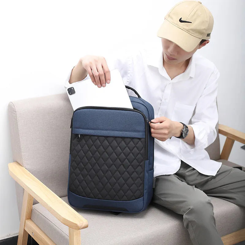 Men's solid colour Oxford cloth travel backpack with curved shoulder straps and diamond mesh detail