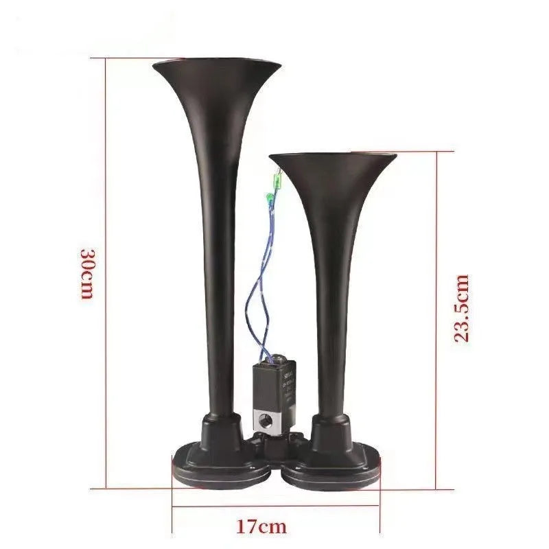Black dual trumpet car air horn kit with compressor for 12V and 24V vehicles.
