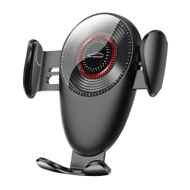 Black car phone bracket mounted on car air vent with mechanical support frame