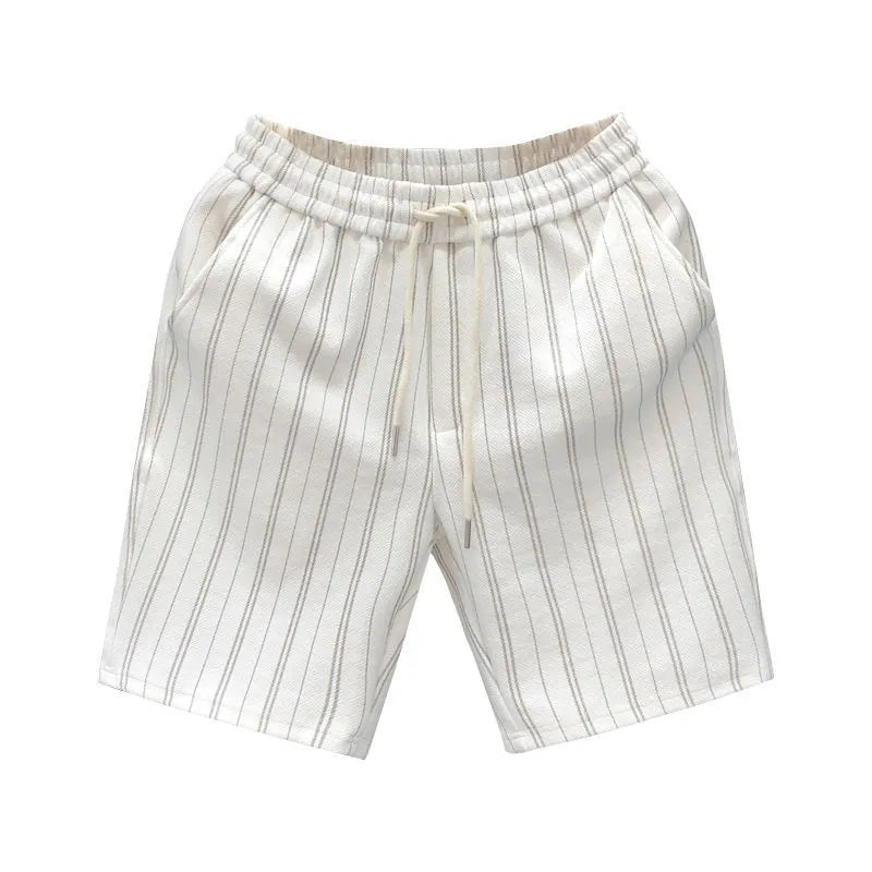 Black and white striped men's casual fleece-lined shorts with an elastic waistband.