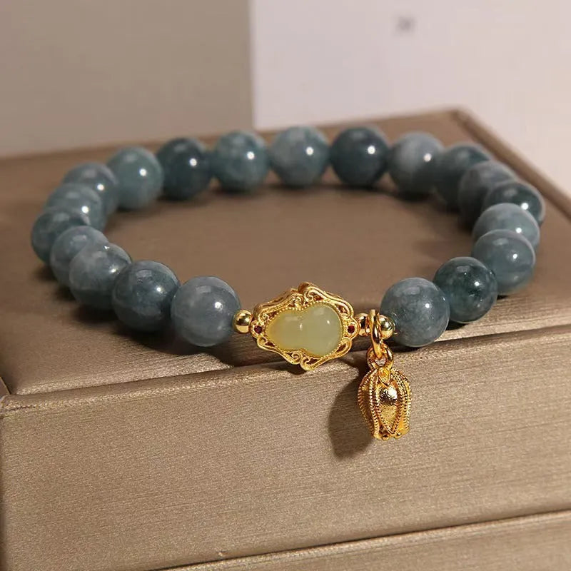 Natural stone bracelet for women with sky blue gourd lotus flower pendant