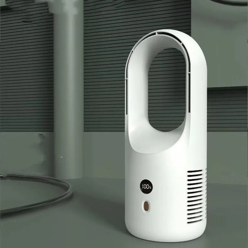 Desktop bladeless USB fan with LED display and rechargeable battery for portable cooling