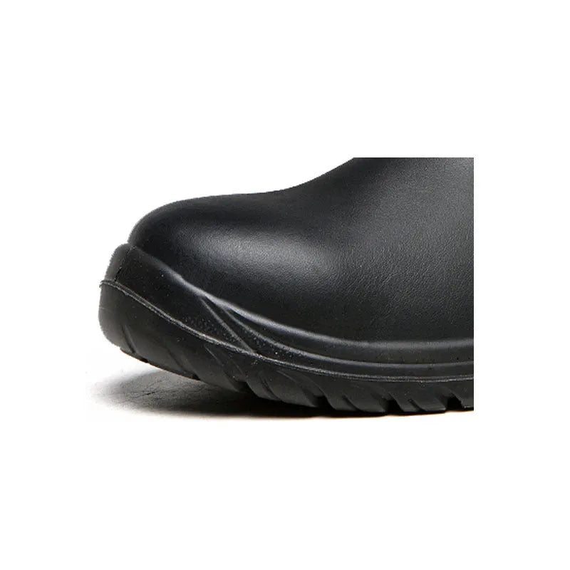 Black high-top leather safety work boots with anti-piercing sole protection.