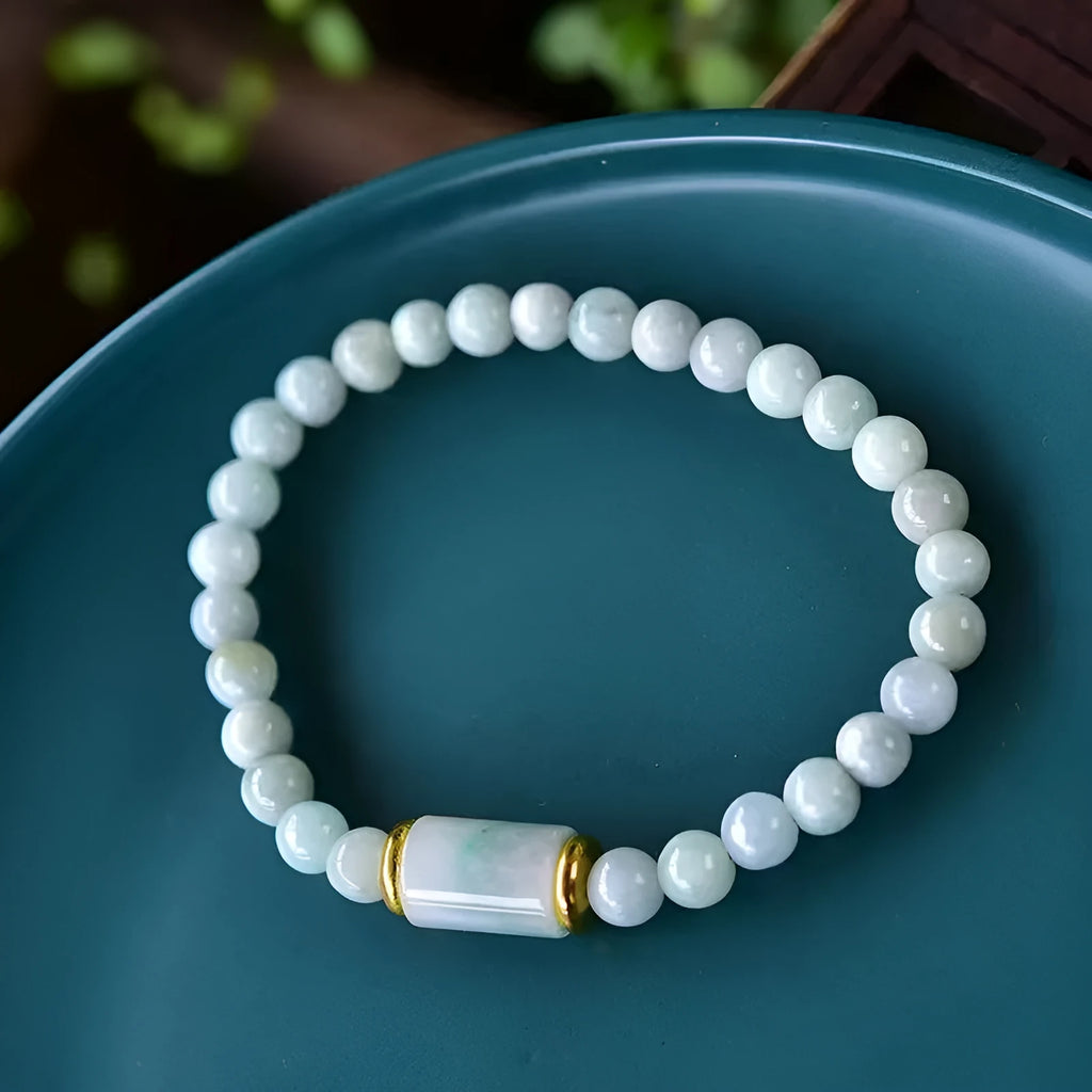 Natural Myanmar jade stone bracelet with round ice jade beads in emerald colour, ethnic geometric design