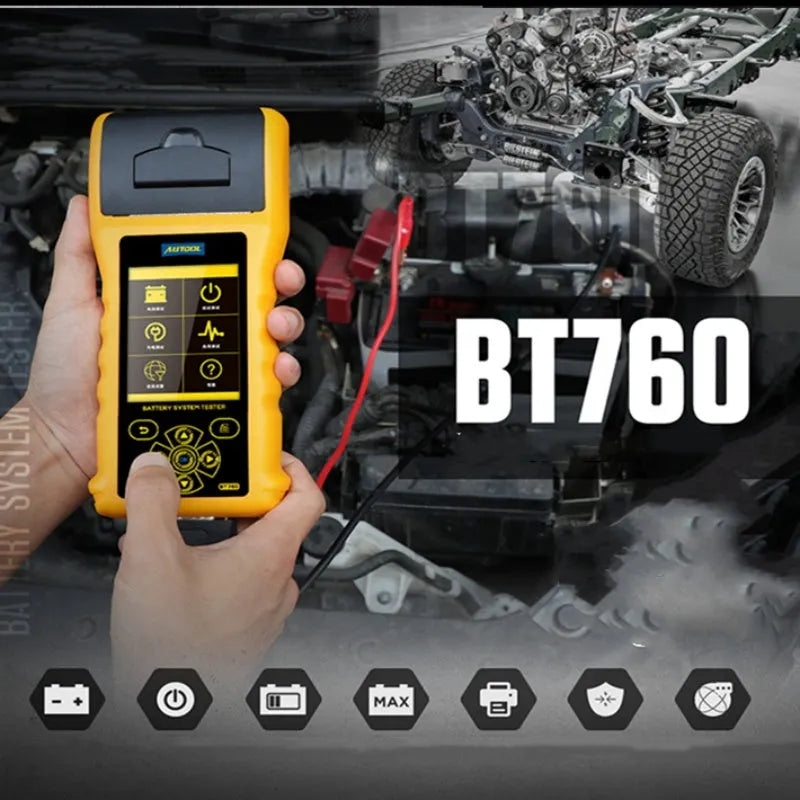 Autool BT760 digital vehicle battery tester with colour screen, test clips, and thermal printer.