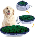 Blue and green adjustable fabric snuffle mat for dogs used as a slow feeder puzzle toy.
