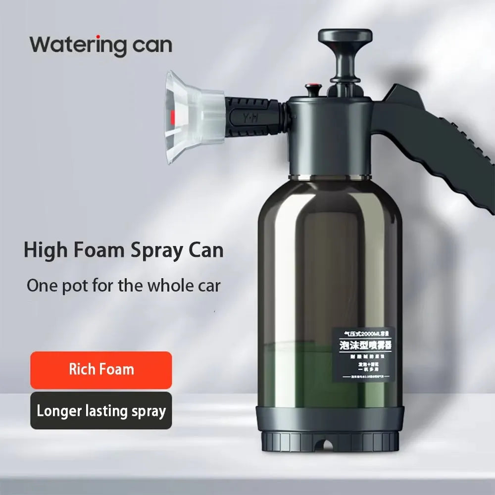 2L black manual car wash foam sprayer with hand-press pump, fan nozzle, and explosion-proof PP body