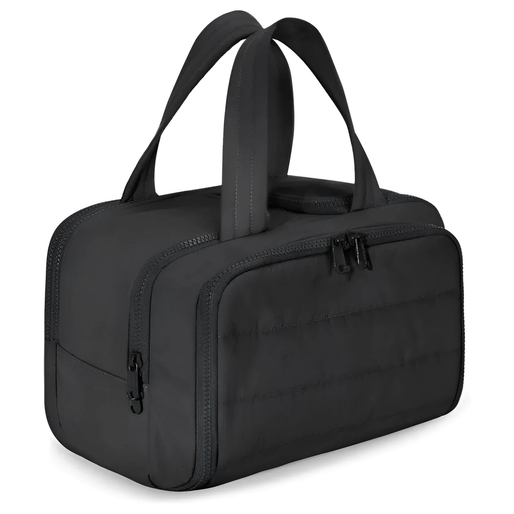 Large fluffy polyester travel toiletry bag in multiple colours, shown open to reveal soft interior.