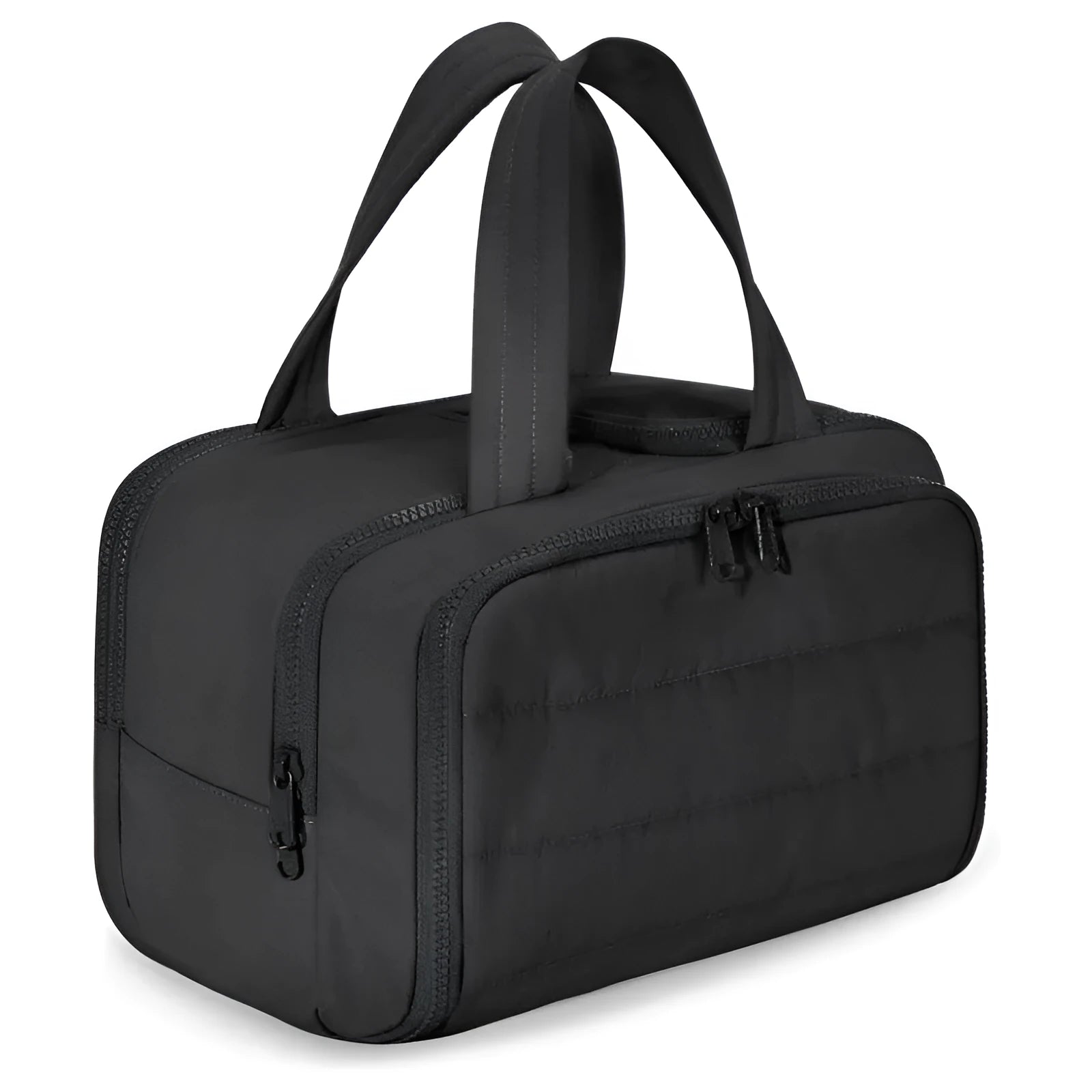 Large fluffy polyester travel toiletry bag in multiple colours, shown open to reveal soft interior.