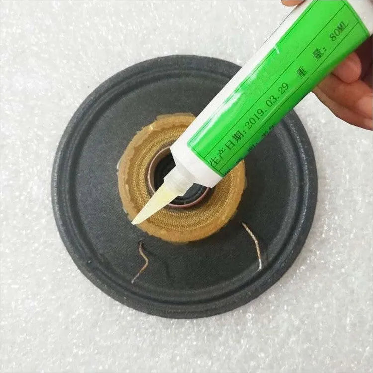 Green liquid speaker horn repair glue in a 70ml container for cold curing application