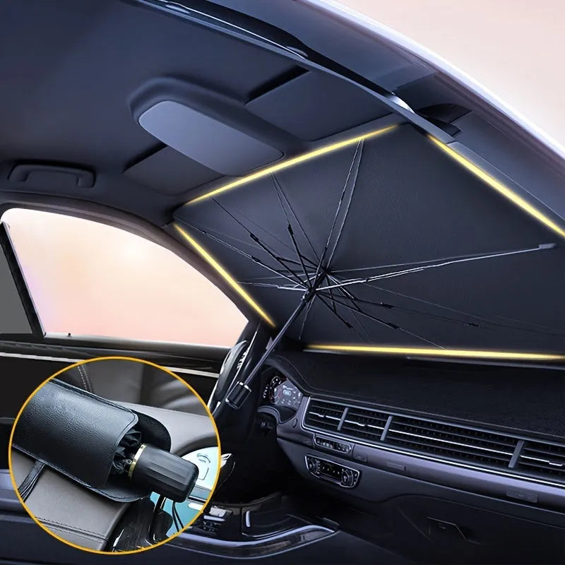 Foldable car windscreen sunshade umbrella open on a vehicle windscreen