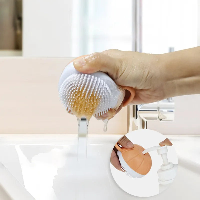 Orange TPR dog bath brush with shampoo dispenser and curved pumpkin grip design