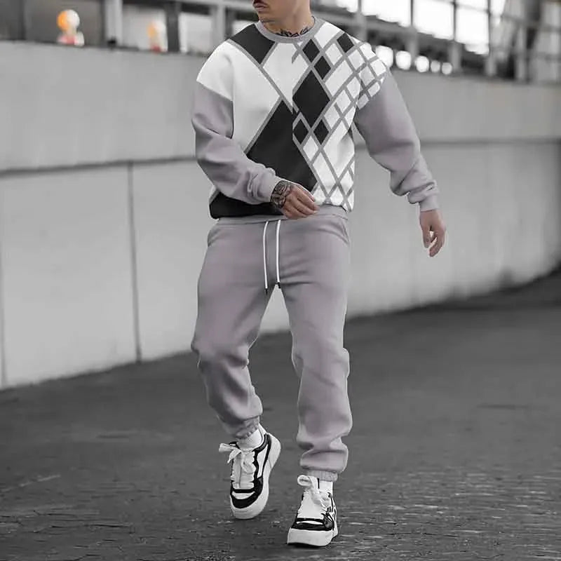 Men's casual printed polyester suit set with jacket and trousers in a neutral colour