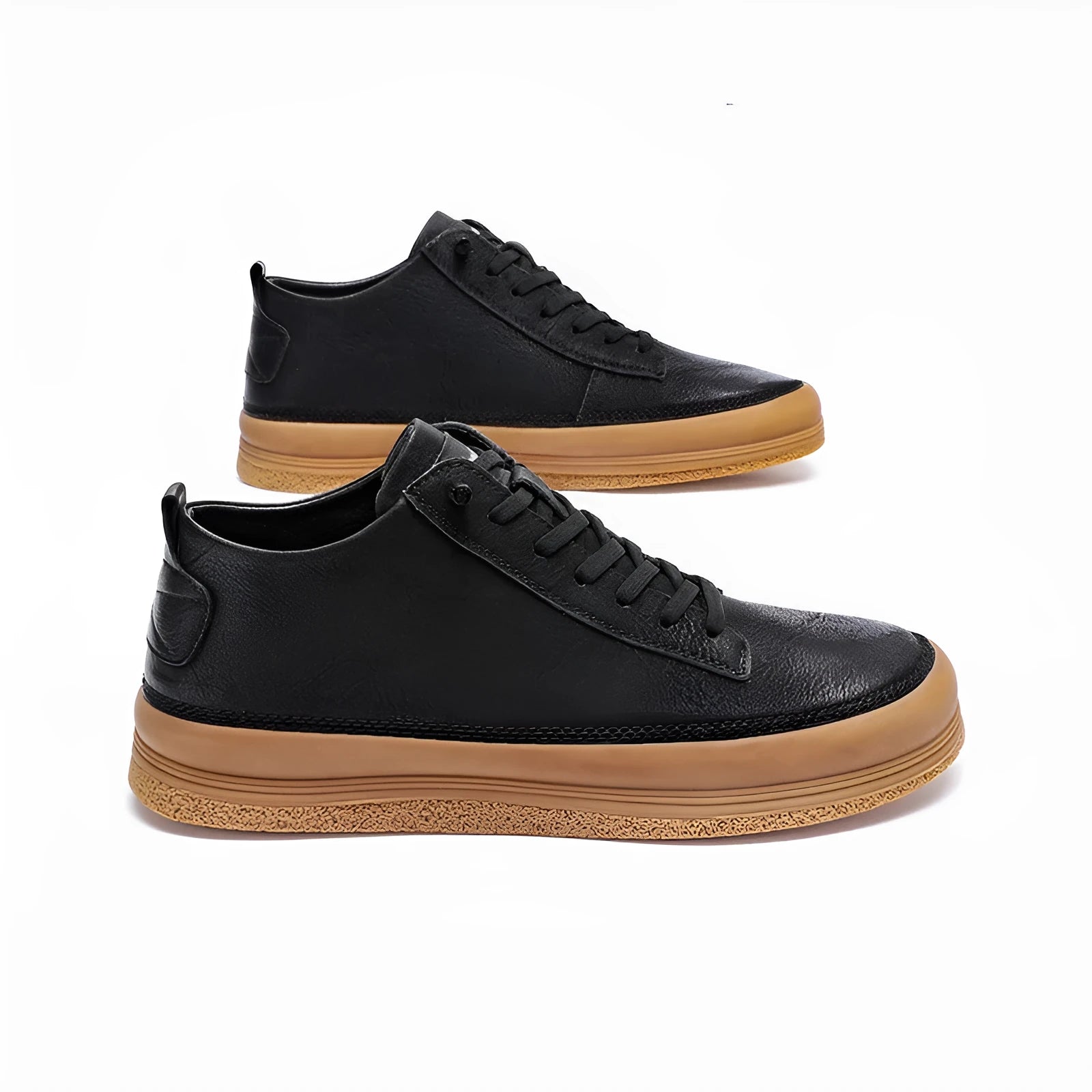 Men's black casual leather shoes with a round toe, lace-up front, and flat rubber sole.
