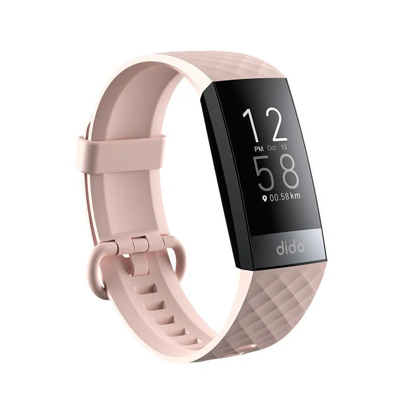 Black smart health bracelet with 1.1-inch screen displaying ECG graph, blood pressure, and heart rate readings on wrist.