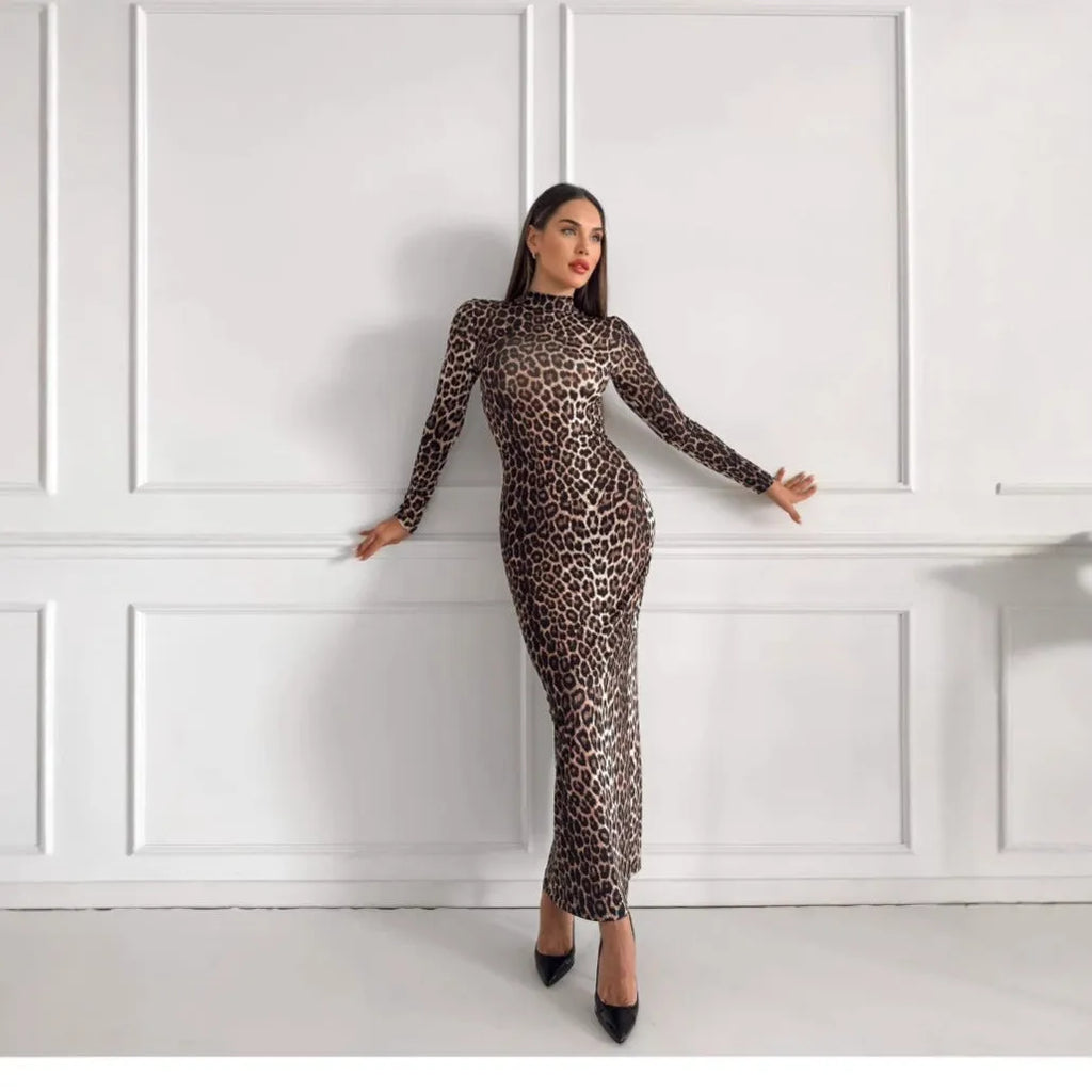 Leopard print women's long dress with stand collar, long sleeves, and high-waist hip skirt design