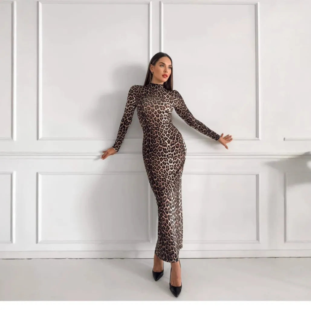 Leopard print women's long dress with stand collar, long sleeves, and high-waist hip skirt design