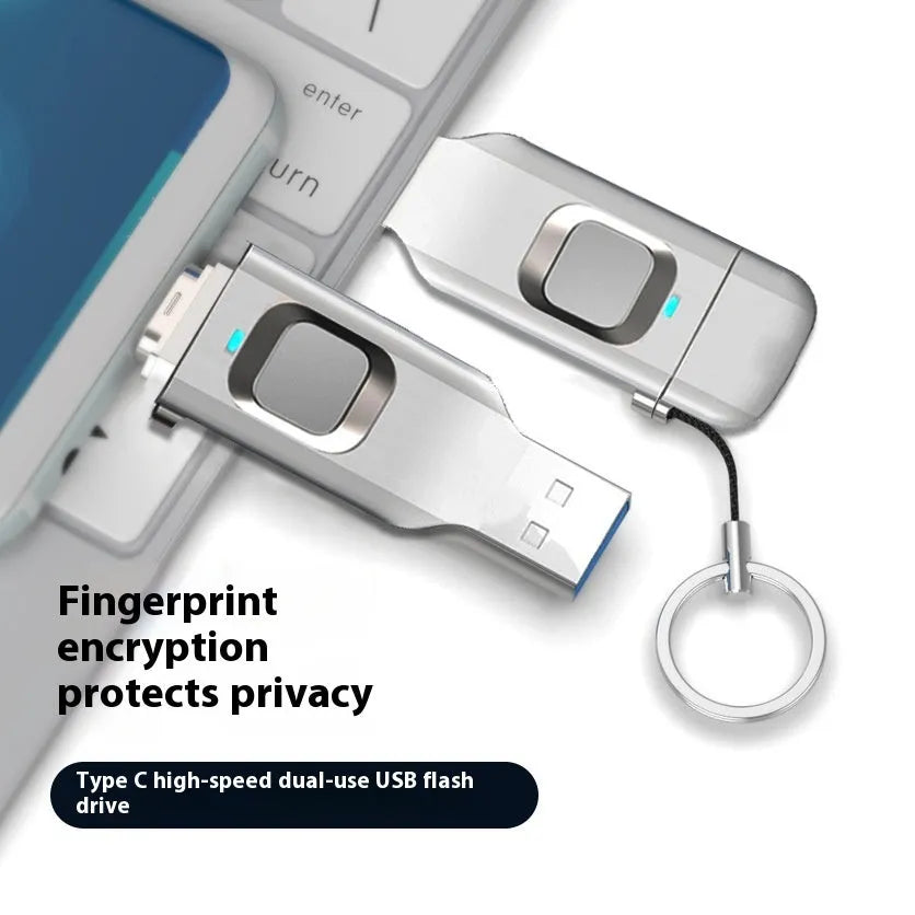 Black and silver fingerprint encrypted USB flash drive showing USB 3.0 and Type-C ports
