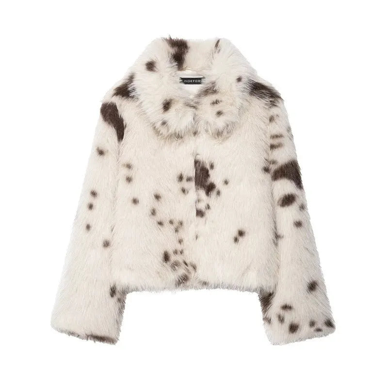 Women's artificial fur animal pattern coat with faux fur collar in brown or black coffee, long sleeves, sizes XS to L