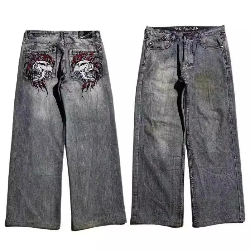Grey washed-out men's wide-leg jeans with a retro worn look on a mid waist.