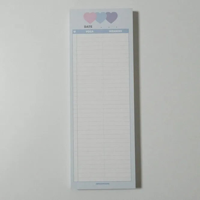 Vertical B5 half-size notepad in blue, pink, or purple cover, showing double-sided pages.