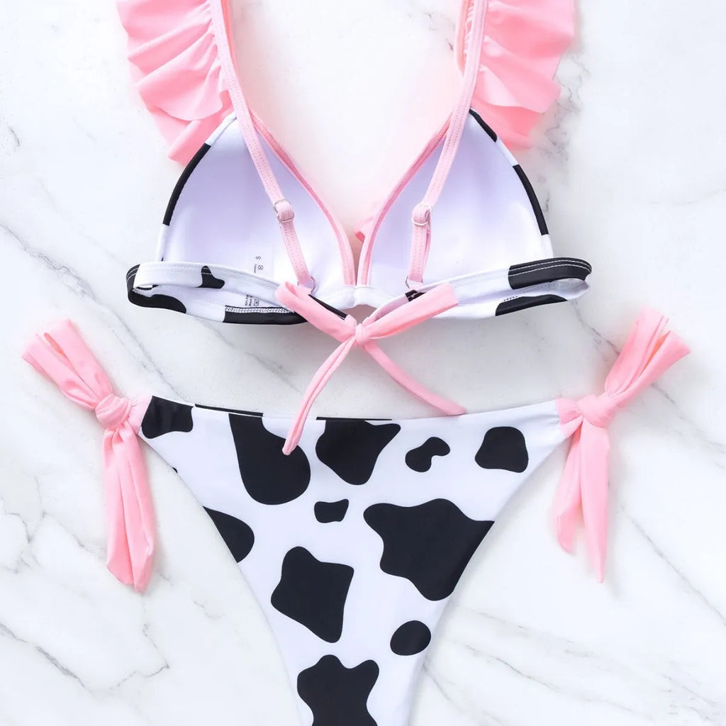 New printed hard cup lace-up bikini swimsuit for women in black JY250BK, polyester, sleeveless, sizes S M L