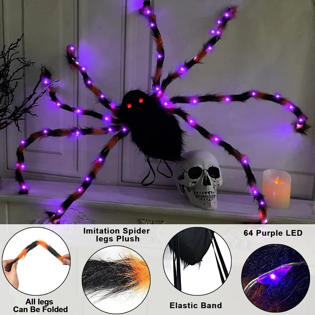 Orange purple light Halloween spider backpack with LED lights on plush fabric.