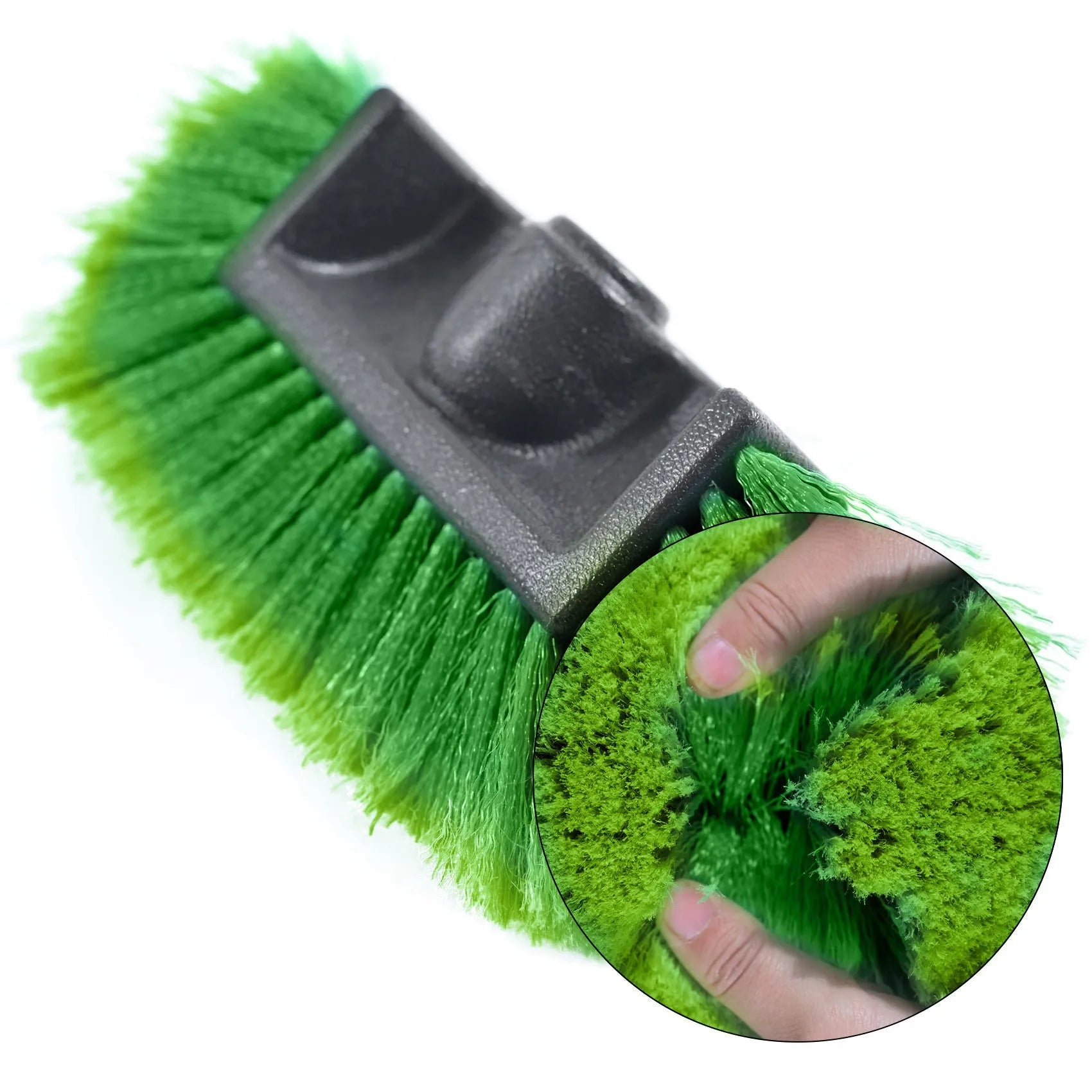 Yellow portable car wash brush with four-section removable rod and flow-through brush head design