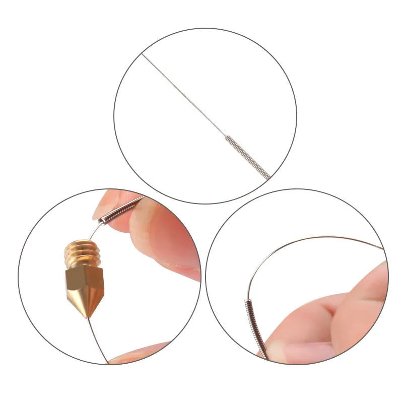 Set of ten metal cleaning needles for unclogging Mk8 and E3D 3D printer nozzles, showing different diameters.