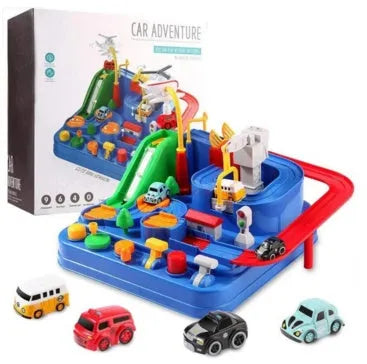 Children's plastic toy car track set with handle remote control and multiple trolley cars