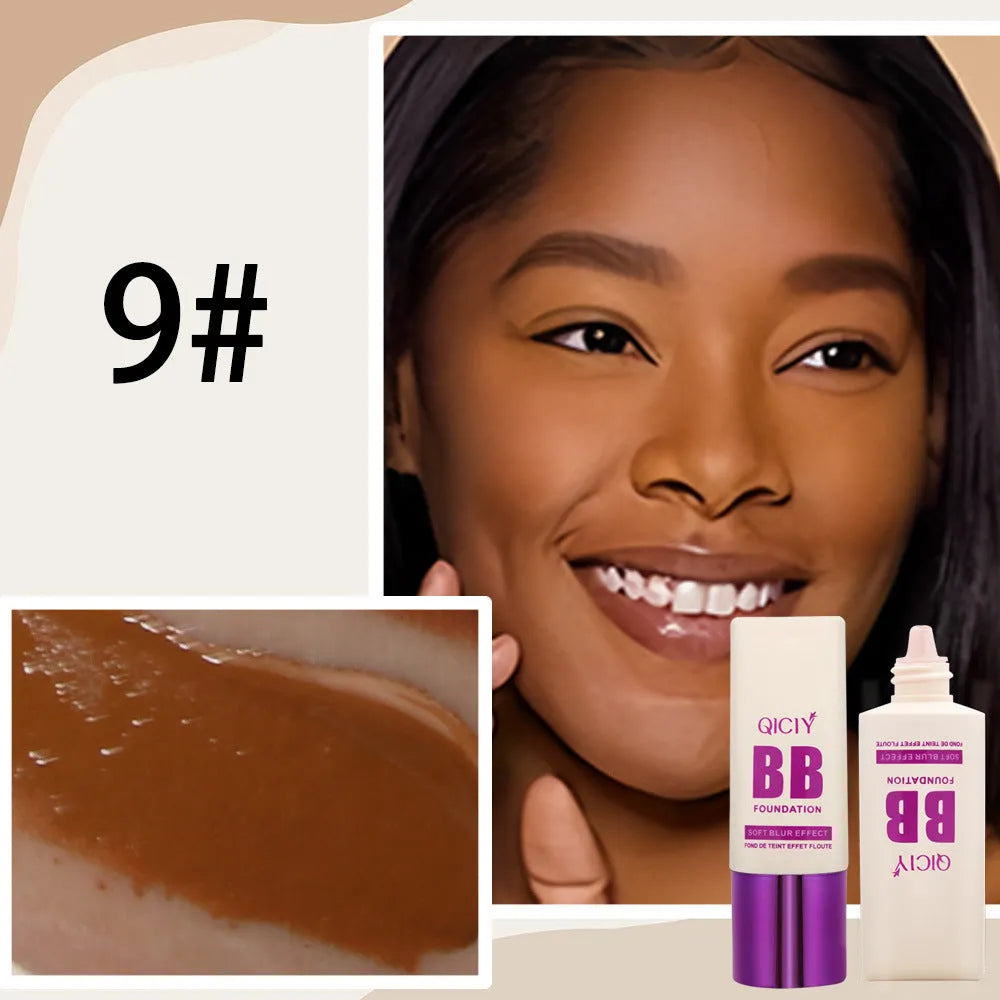 BB cream foundation in feeding bottle tube with ten colour shade options for brightening coverage