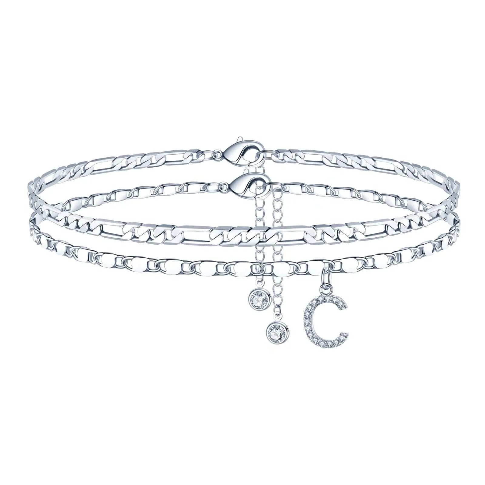 Silver-coloured double-circle bead copper anklet showing alphabet letter modelling on ankle.