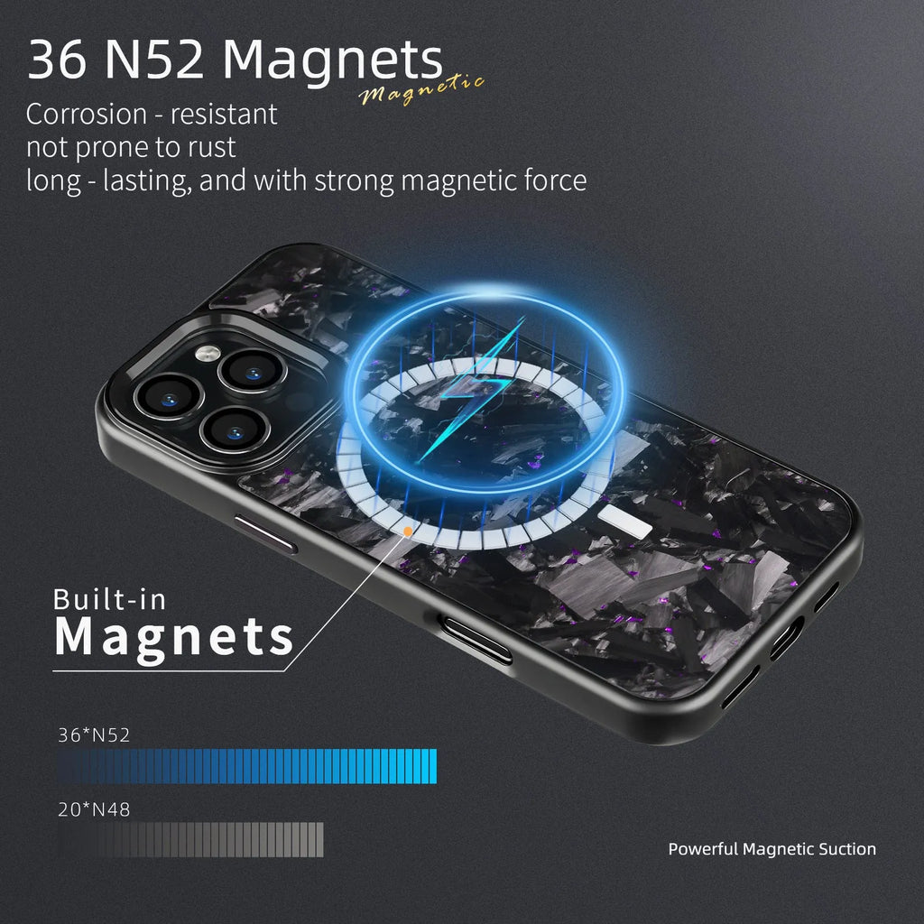 Black metal-framed carbon fibre iPhone case with forged pattern and magnetic feature.
