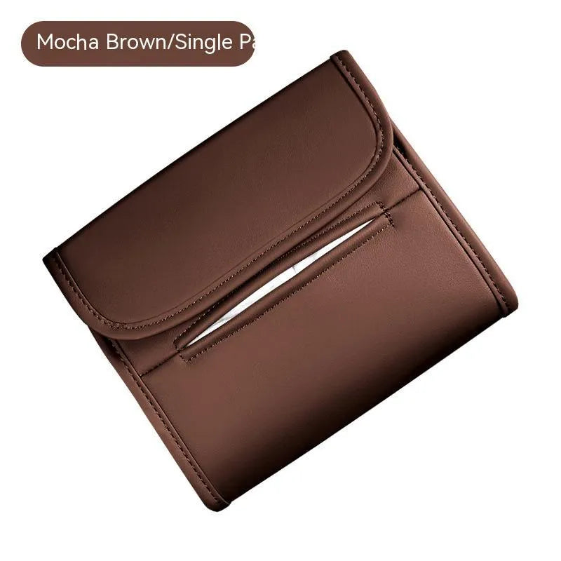 Leather car tissue box with elastic band hanging for vehicle mounting
