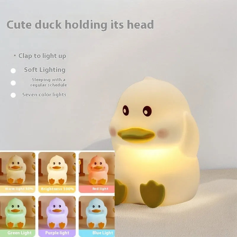 Cute duck silicone night light with USB rechargeable battery, warm and colourful light modes