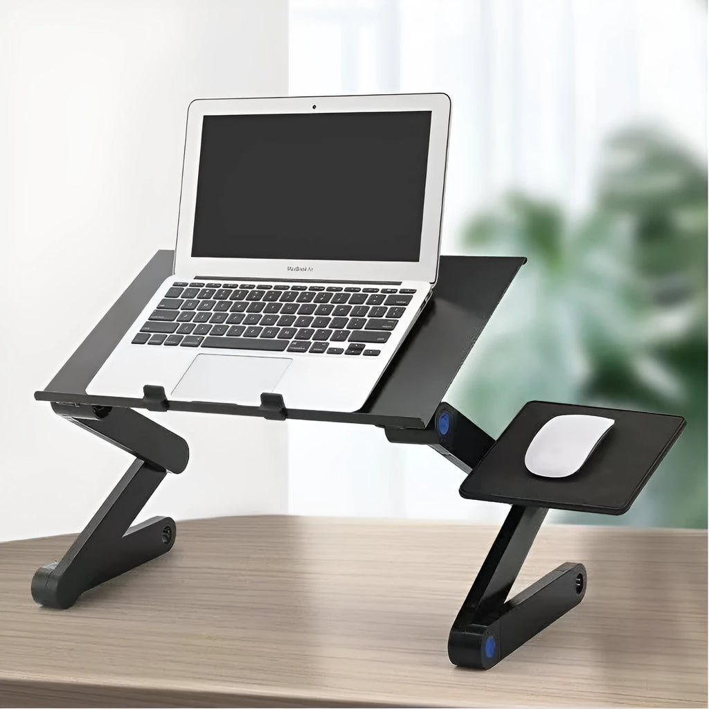 Folding black aluminium laptop cooling base with two fans and 1m power cord on a desk