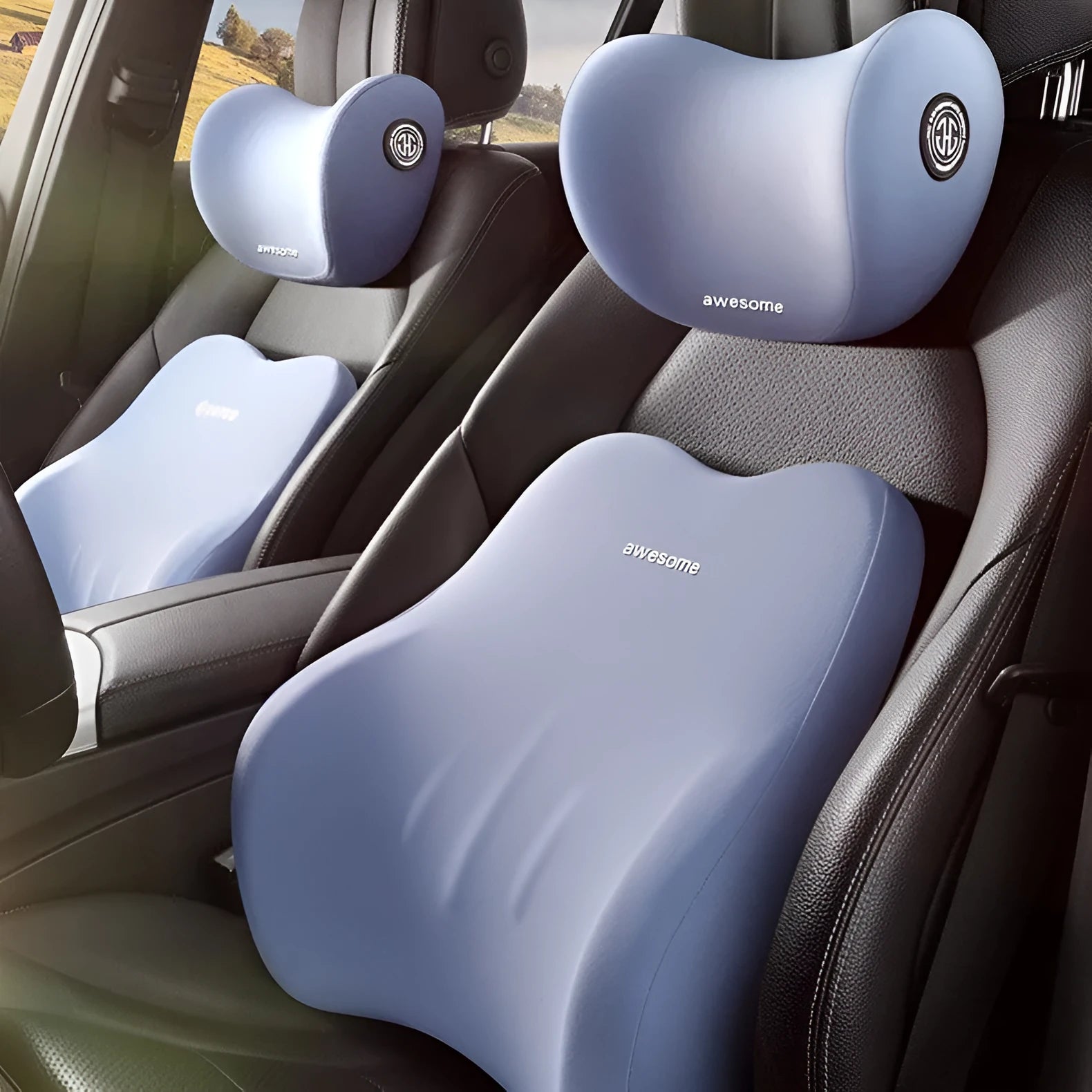 Car headrest lumbar support pillow with memory foam and three-bar waist support in multiple colour options