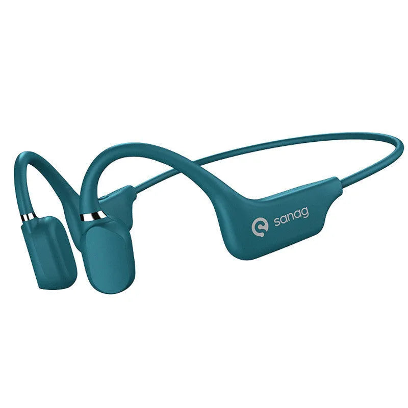 A person wearing bone conduction Bluetooth headphones with a wireless neckband sensor during a run.