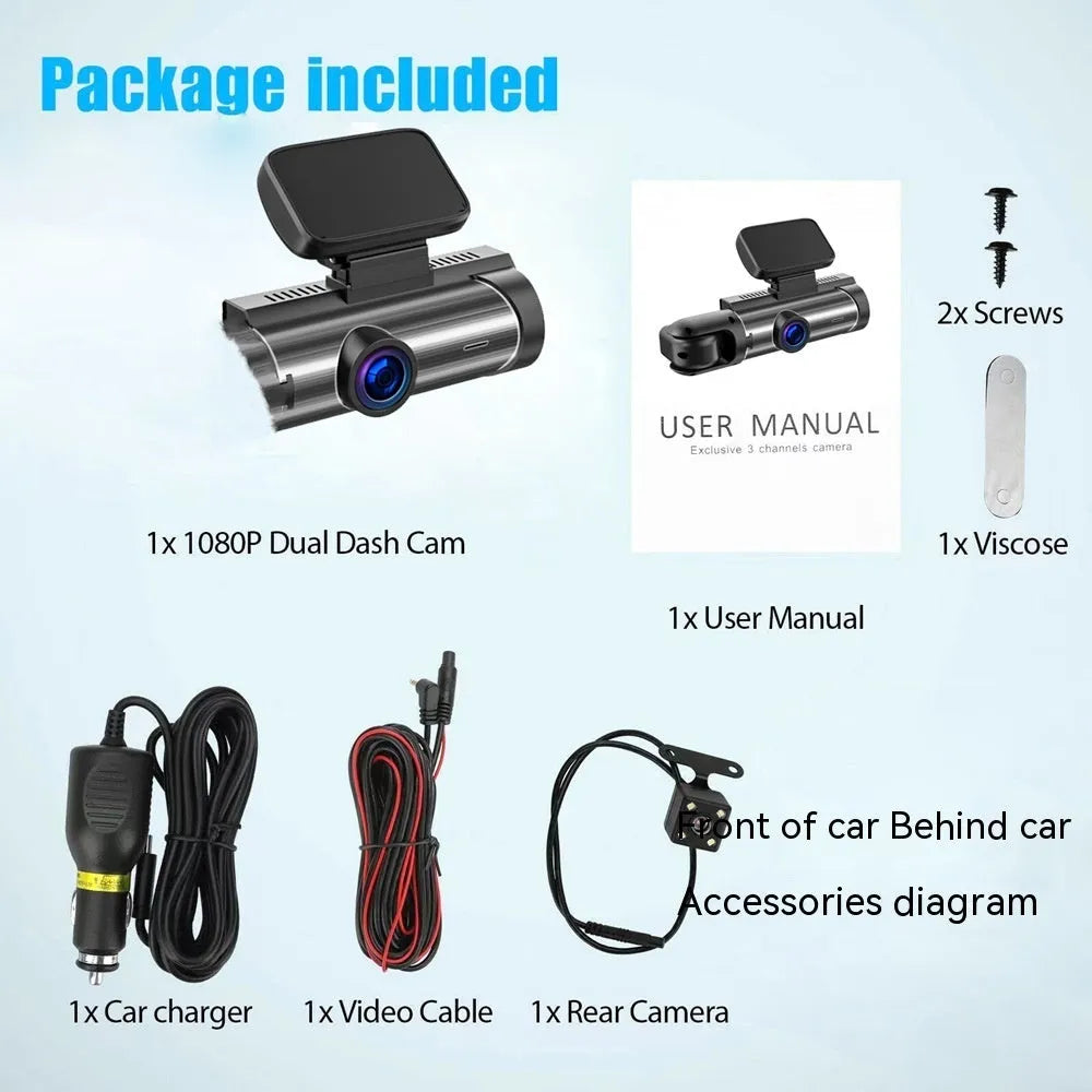 Dual-lens HD driving recorder with 3.5-inch LCD screen mounted on car windshield.