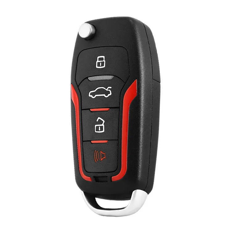 Red and black one-way remote control car alarm unit with two remotes for vehicle security.