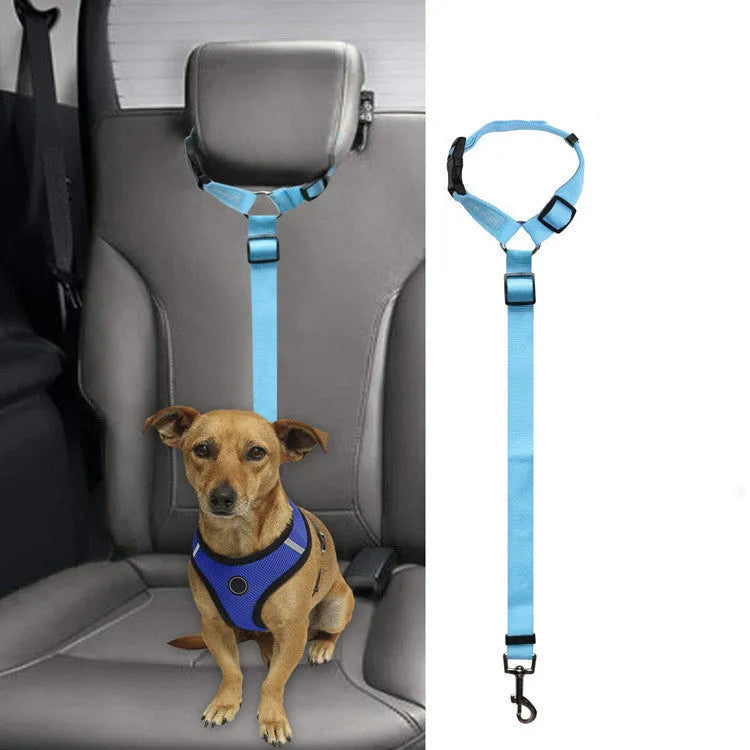 Car backseat pet leash for dogs made from polyester in nine colour options attached to a vehicle seatbelt