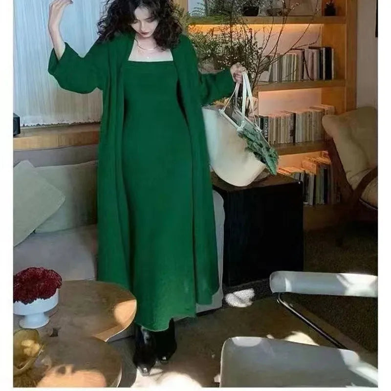 Women's grey knitted long dress and cardigan coat suit set with textured flocking detailing on the fabric