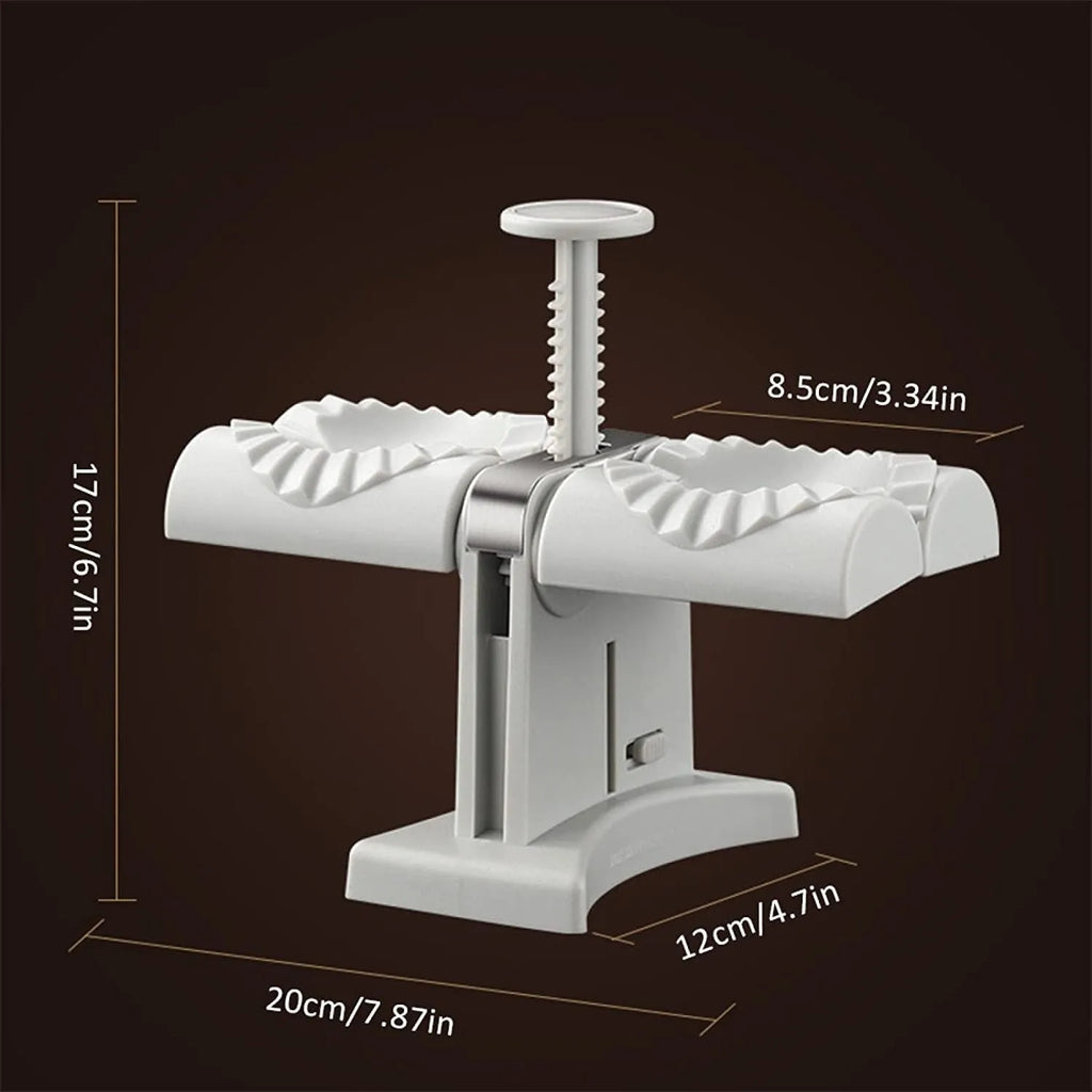 White plastic manual dumpling maker with double head press and anti-slip rubber base mat.
