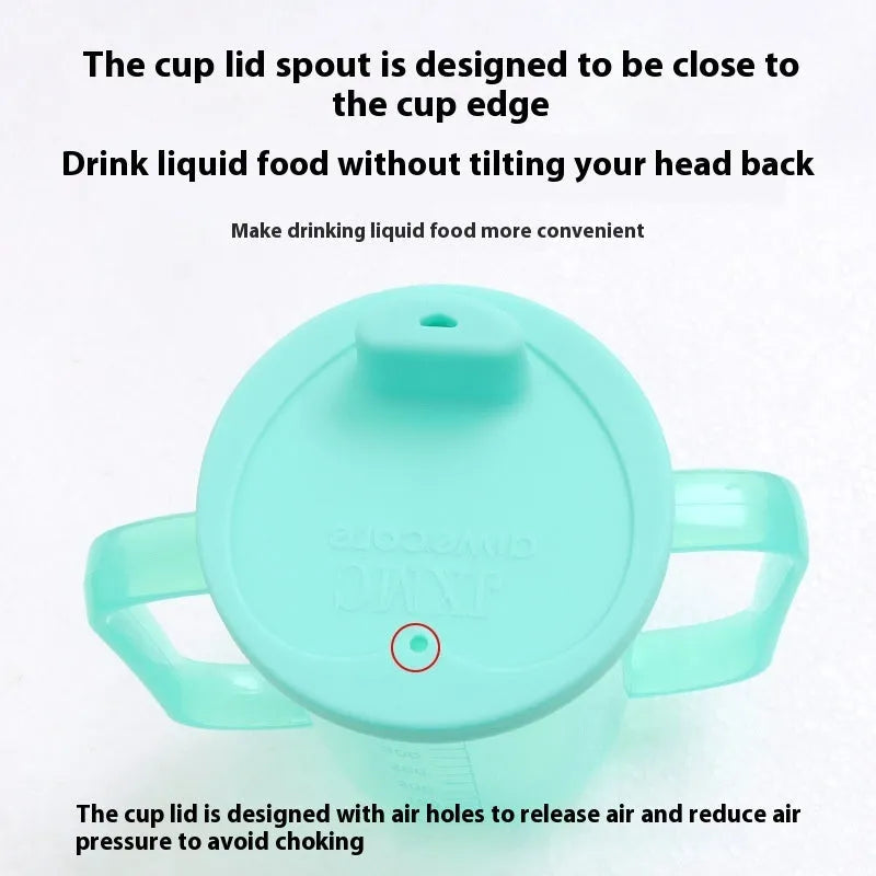 Adult angled spout anti-choke drinking cup with handle and lid, shown with optional wrist splint attachment