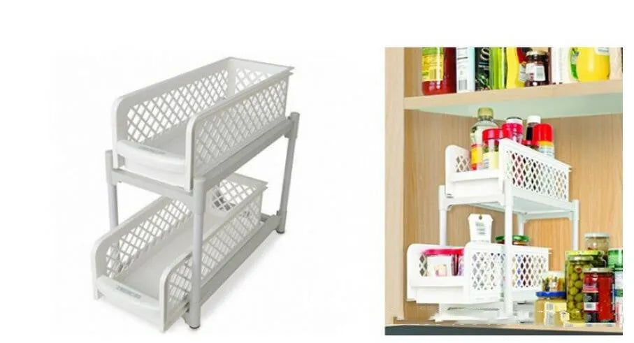 White two-tier plastic storage rack, 41.5 x 19.3 x 9.3 cm, for desktop use in bathroom or kitchen.