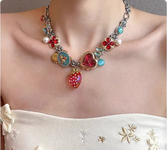 Red blue strawberry clock butterfly titanium steel necklace online exclusive for women
