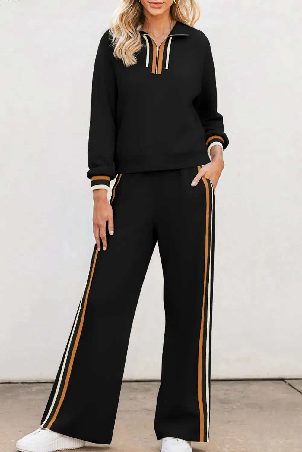 Black striped patchwork quarter zip pullover and loose pant set, sizes S-XL