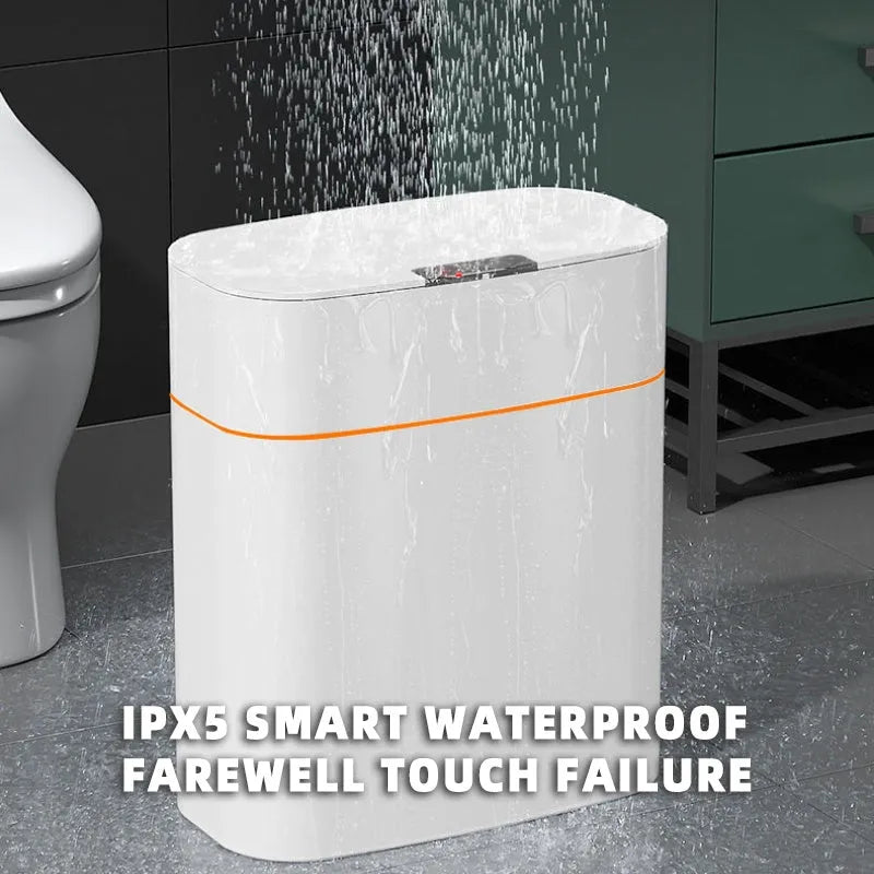 White automatic smart trash can with sensor lid on a kitchen floor.