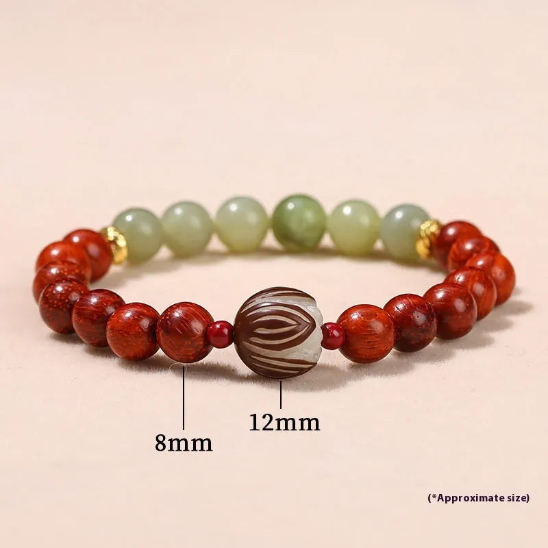 Red rosewood and gray jade Bodhi Lotus bracelet with geometric round beads.